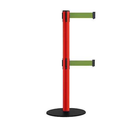 Montour Line Retractable Dbl Belt 2.5" Red Post , Low Base, 11' Olive Belt S400D-RD-OL-110